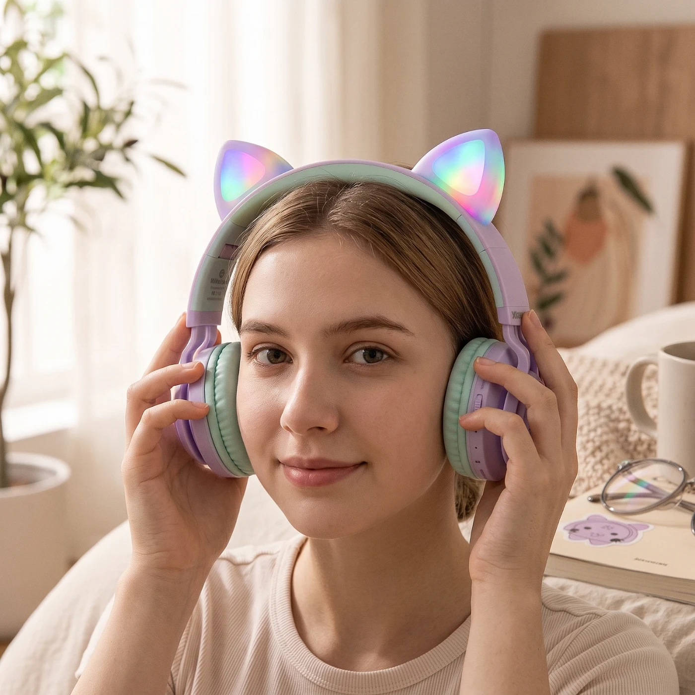 Audífonos Inalámbricos Riwbox CT-7S con Orejas de Gato, Luces LED y Micrófono — en uso