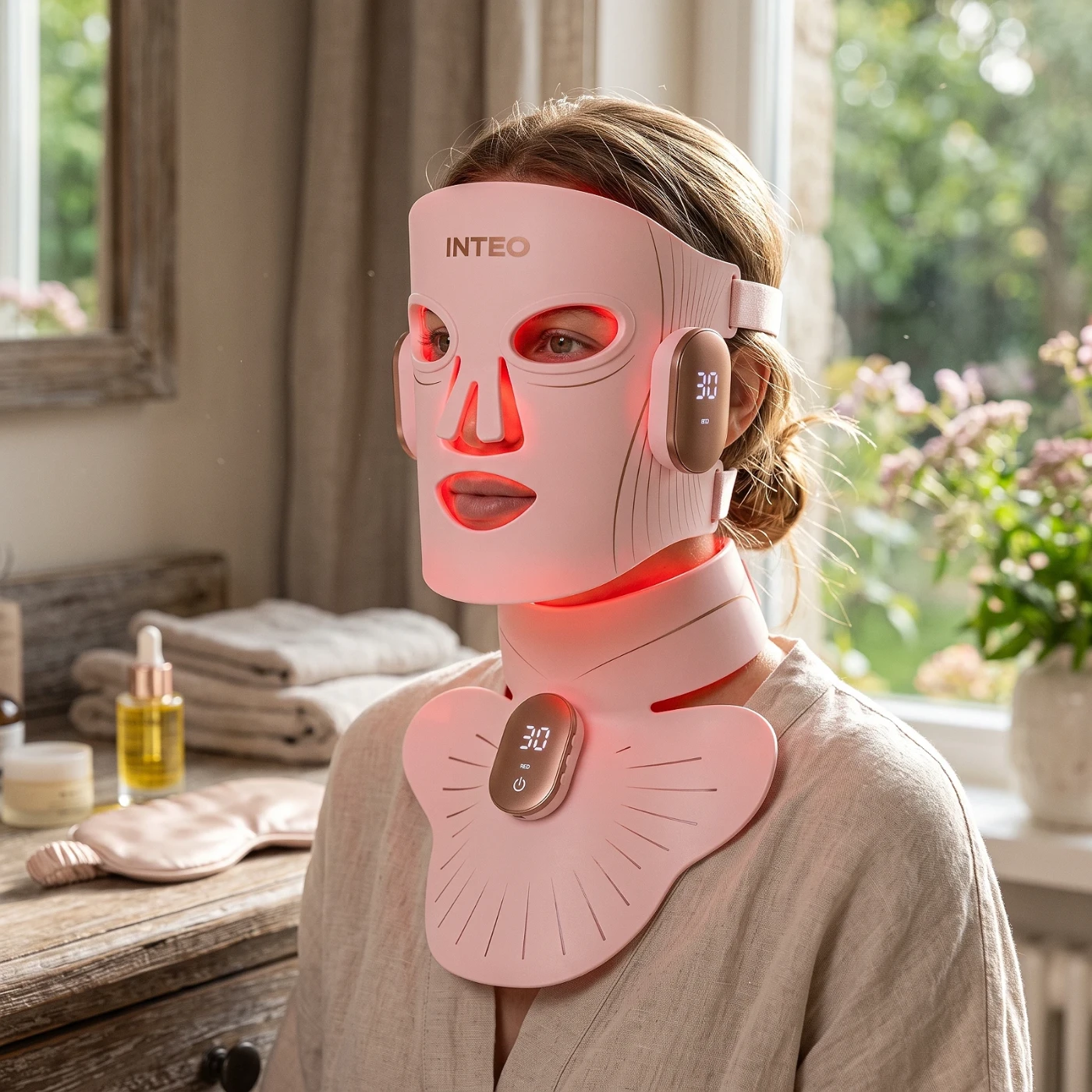 Máscara Terapia Rojo + NIR para Rostro y Cuello — en uso