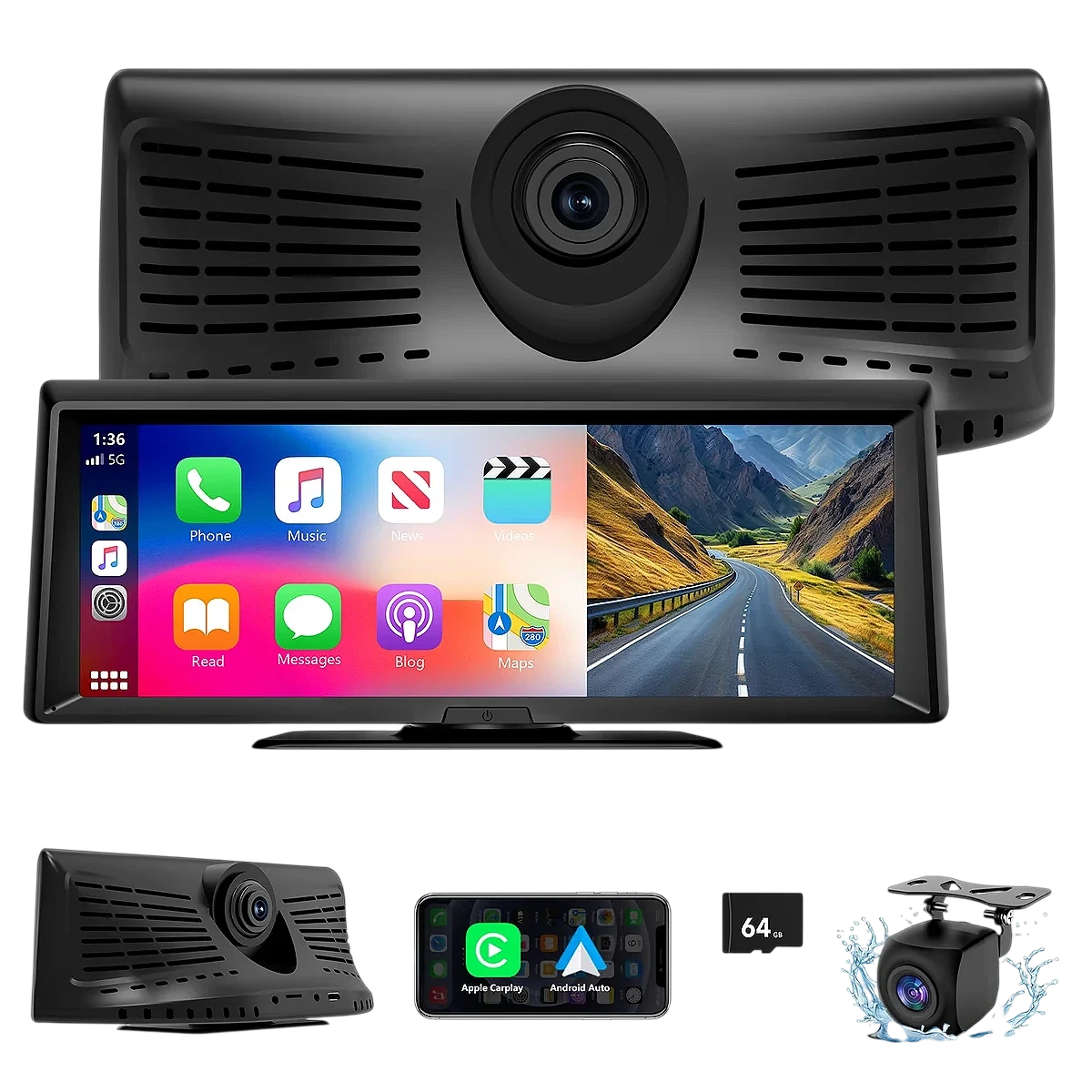 Pantalla CarPlay Inalámbrica Hieha 8.1" con Cámara Dash 2K y Cámara de Respaldo 1080P