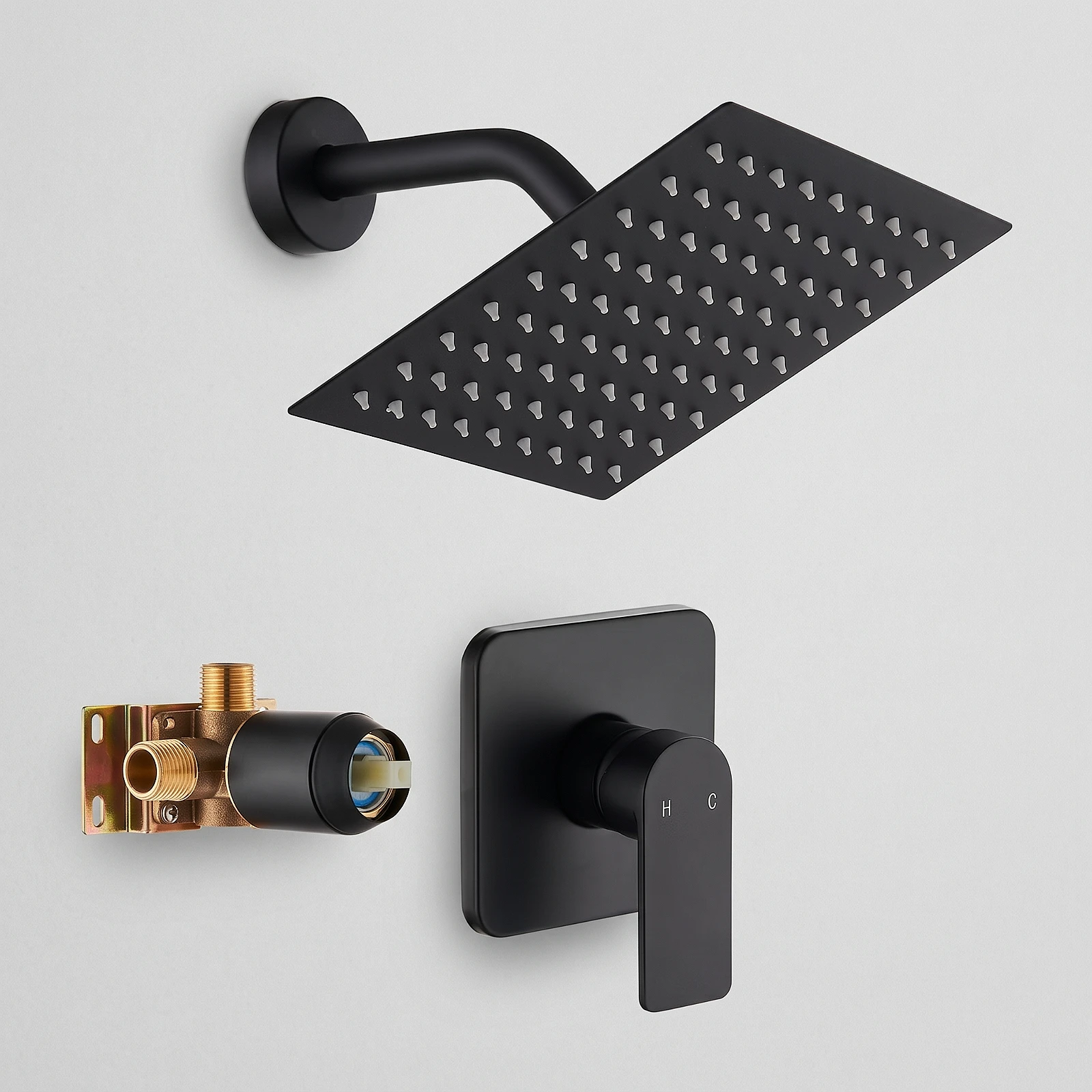 Kit de Ducha Monofunción Negro con Válvula, Cabezal Cuadrado de 8" Acero Inoxidable — foto 4