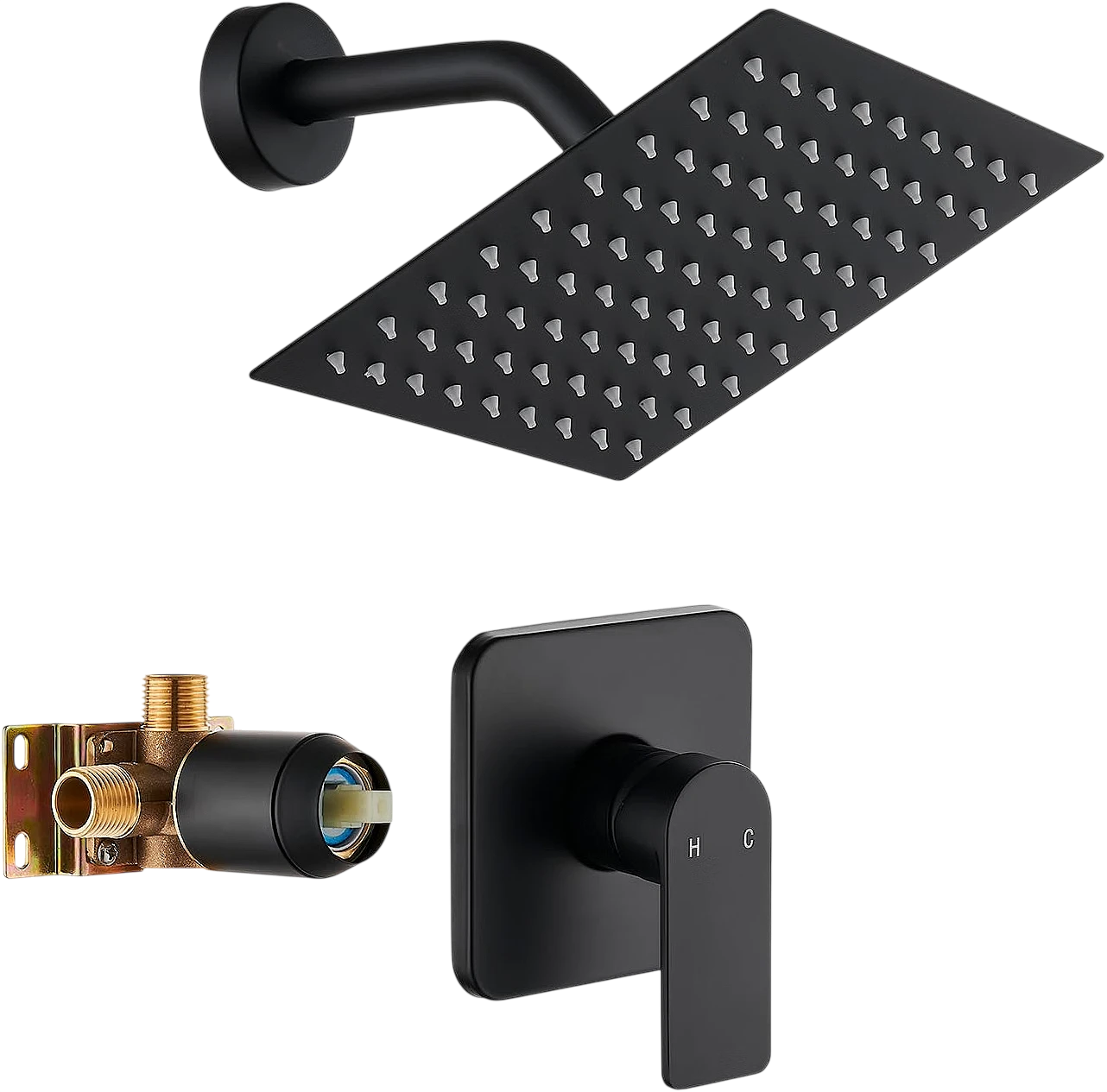 Kit de Ducha Monofunción Negro con Válvula, Cabezal Cuadrado de 8" Acero Inoxidable — foto 1